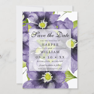 Blue watercolor spring flowers save the date card