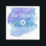 Blue Watercolor Star of David Bar Mitzvah Napkin<br><div class="desc">Perfect modern cocktail disposable paper napkins in blue turquoise watercolor design with white Star of David.  Bar Mitzvah or Bat Mitzvah easy to personalise by adding name and option date.</div>