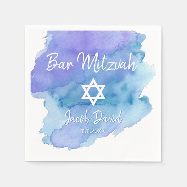 Blue Watercolor Star of David Bar Mitzvah Napkin (Front)