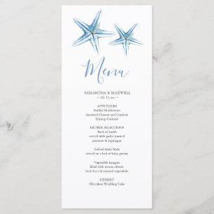 Blue Watercolor Starfish Beach Wedding Menu Card