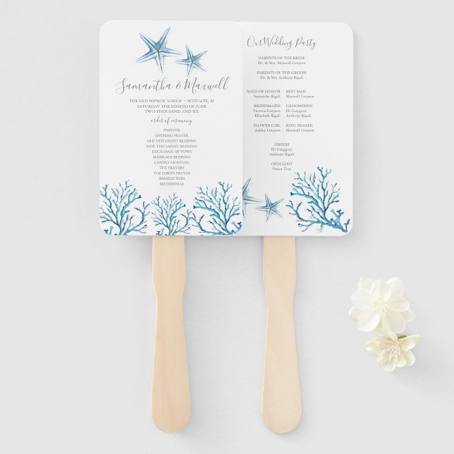 Blue Watercolor Starfish Wedding Theme Program Fan (Front and Back)