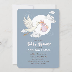 Blue Watercolor Stork Girl Baby Shower Invitation