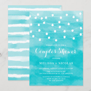 Blue Watercolor String Lights Couples Shower Invitation