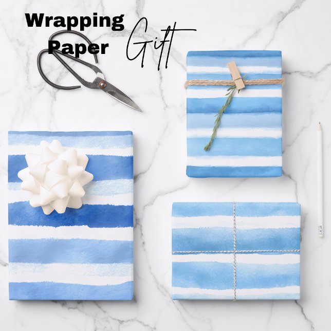 Blue Watercolor Stripe Wrapping Paper Sheet (Blue Watercolor Stripe Wrapping Paper Sheets)