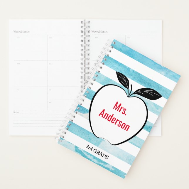 Blue Watercolor Stripes and Apple for Teacher Planner (Display)