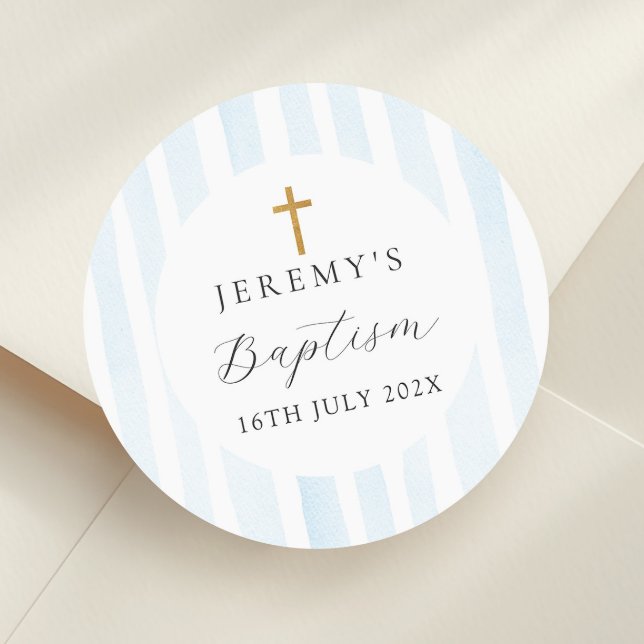 Blue Watercolor Stripes - Baptism Classic Round Sticker (Creator Uploaded)