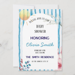 Blue Watercolor Stripes Coastal Boho Baby Shower  Invitation