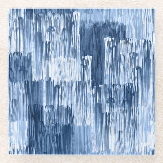 Blue Watercolor Stripes: Geometric Pattern Glass Coaster (Front)