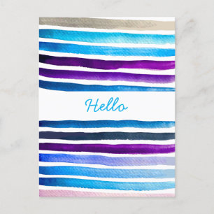 Blue watercolor stripes hand painted postcard