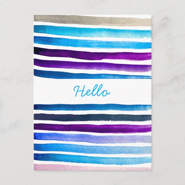 Blue watercolor stripes hand painted postcard (Front)