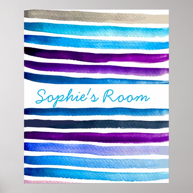 Blue watercolor stripes hand painted poster (Front)