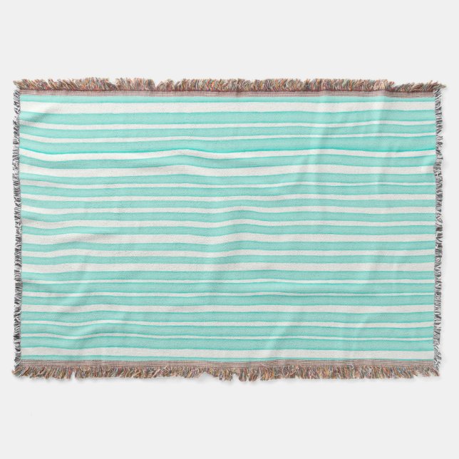 Blue watercolor stripes on white throw blanket (Front)