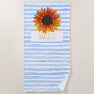 Blue Watercolor Stripes Personalised Sunflower Beach Towel