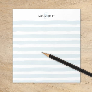Blue Watercolor Stripes Teacher Name Monogram Notepad