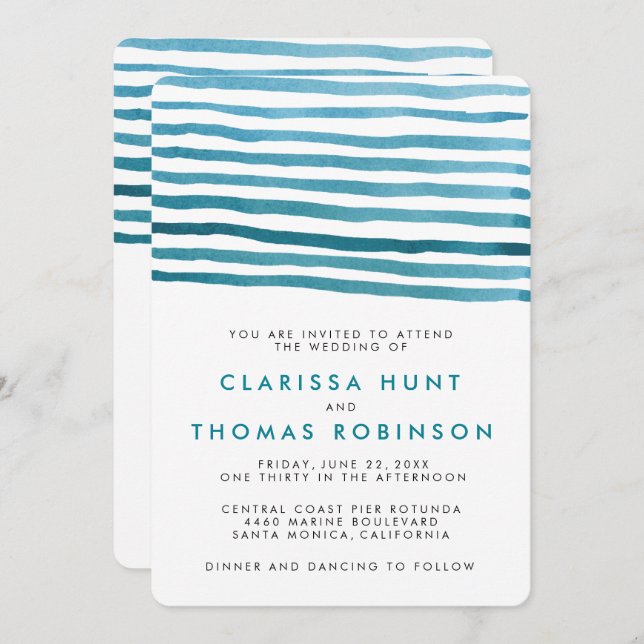Blue Watercolor Stripes Wedding Invitation (Front/Back)