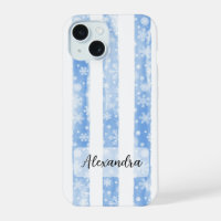 Blue Watercolor Stripes with White Snowflakes