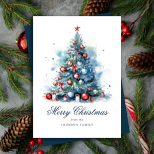Blue Watercolor Style Christmas Tree Holiday Card