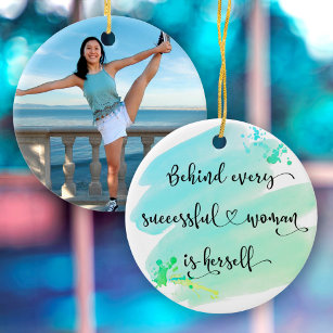 Blue Watercolor Successful Woman Typography Photo Ceramic Tree Decoration