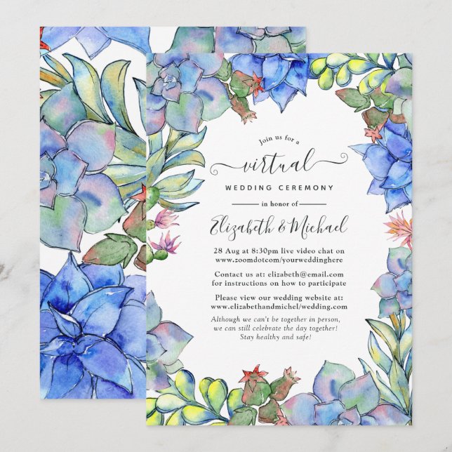 Blue Watercolor Succulents Online Virtual Wedding Invitation (Front/Back)