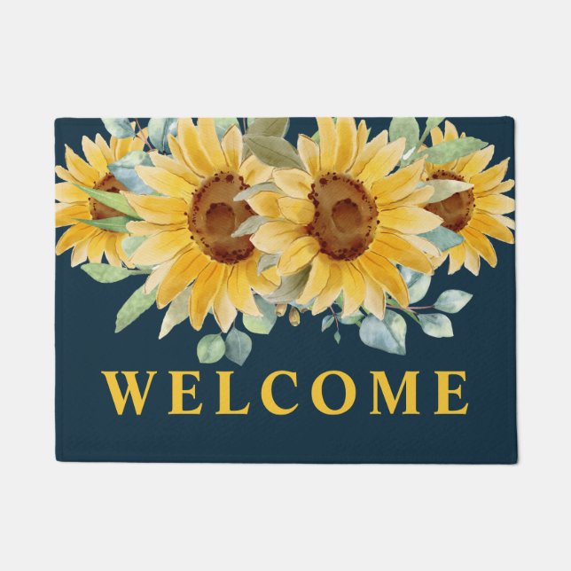 Blue Watercolor Sunflowers Farmhouse Welcome Doormat (Front)