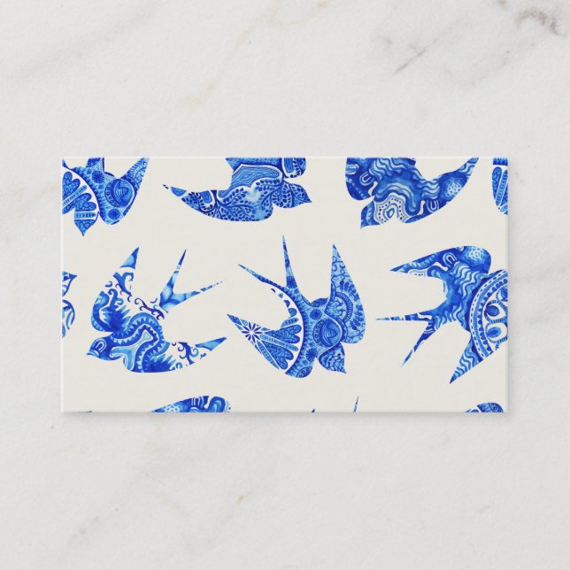 Blue Watercolor Swallow Bird Pattern Business Card (Front)
