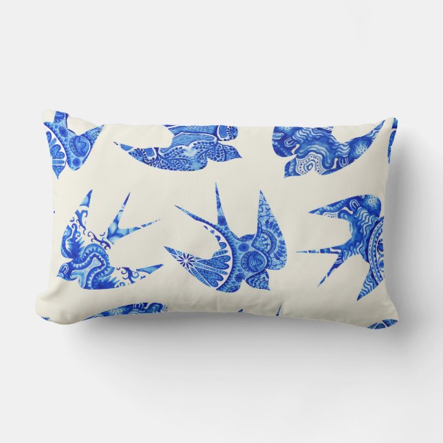 Blue Watercolor Swallow Bird Pattern Lumbar Cushion (Front)