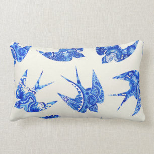 Blue Watercolor Swallow Bird Pattern Lumbar Cushion