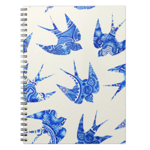 Blue Watercolor Swallow Bird Pattern Notebook