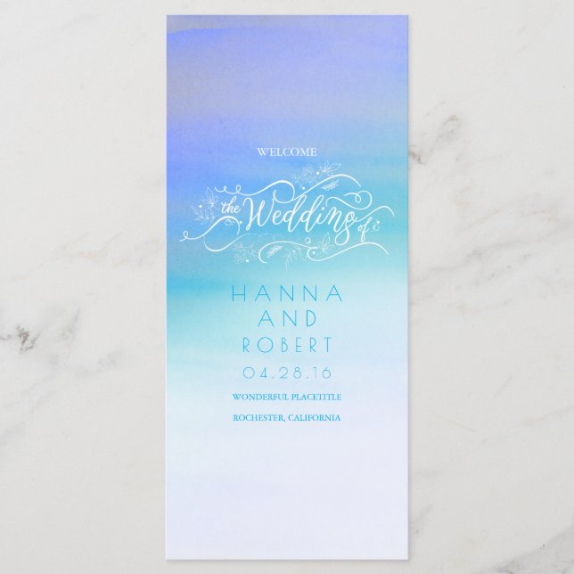 Blue Watercolor Swash Modern Wedding Programs Programme (Front)