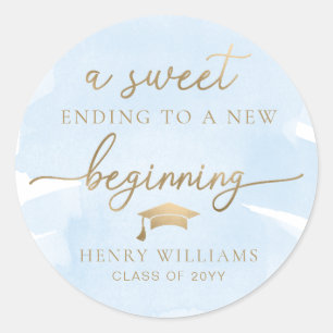 Blue Watercolor Sweet New Beginning Graduation Classic Round Sticker