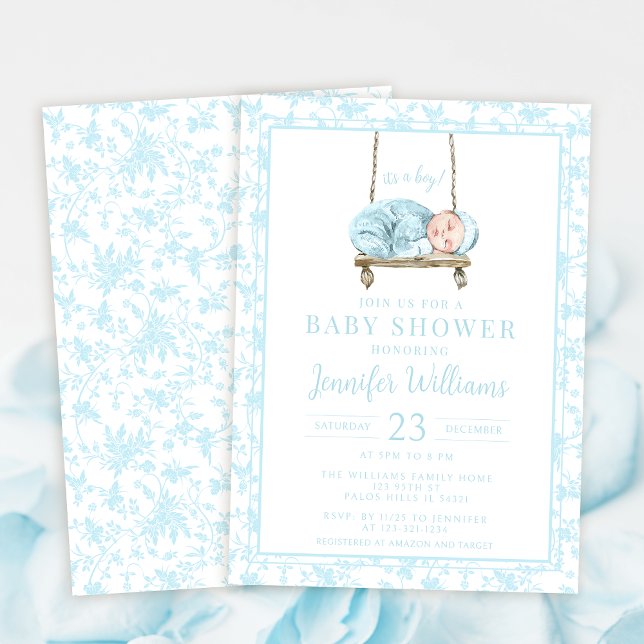Blue watercolor swing baby boy shower invitation (Creator Uploaded)