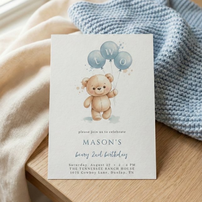 Blue Watercolor Teddy Bear 2nd Birthday Invitation (Creator Uploaded)