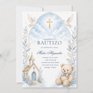 Blue Watercolor Teddy Bear Baptism Boy Invitation