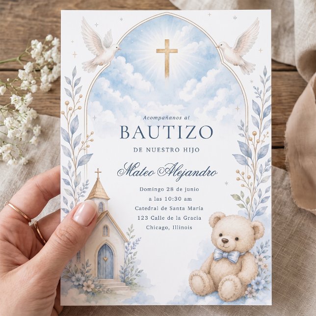 Blue Watercolor Teddy Bear Baptism Boy Invitation (Creator Uploaded)