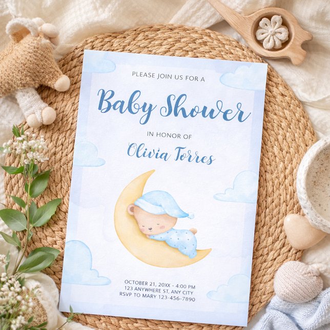 Blue Watercolor Teddy Bear on Moon Baby Shower Invitation (Blue Watercolor Teddy Bear on Moon Baby Shower Invitation, Its a Boy, We Can Bearly Wait)