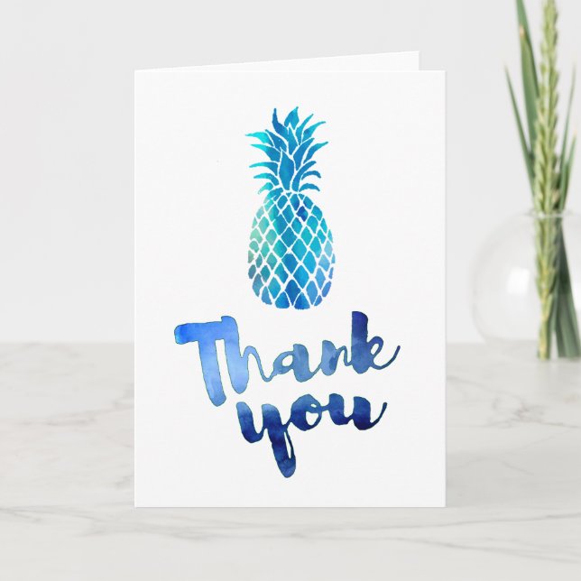 blue watercolor thank you script pineapple card (Front)