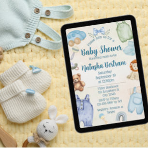 Blue Watercolor Toys & Clothes Baby Shower Invitation