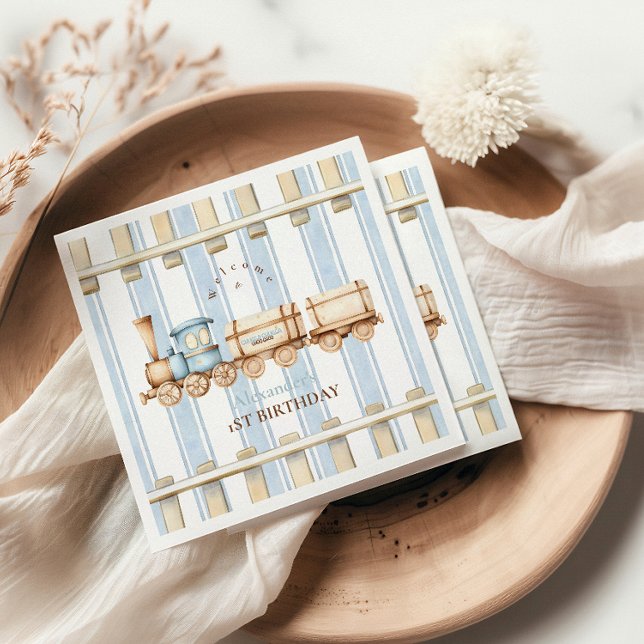 Blue Watercolor Train 1st Birthday  Napkin (Creator Uploaded)