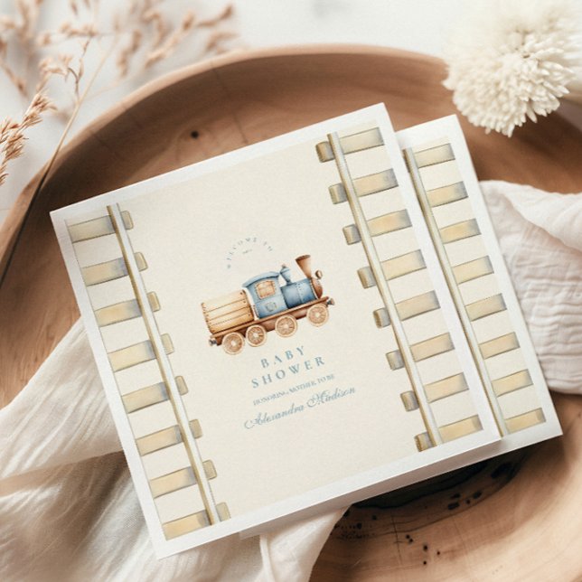 Blue Watercolor Train Baby Shower Napkin (Creator Uploaded)