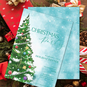 Blue Watercolor Tree Christmas Party Invitation