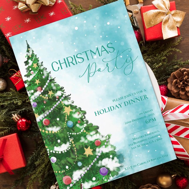 Blue Watercolor Tree Christmas Party Invitation (Blue Watercolor Tree Christmas Party Invitation)