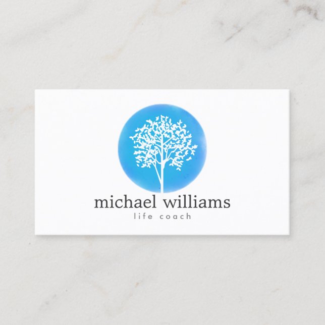 Blue Watercolor Tree Life Coach, Counsellors Business Card (Front)