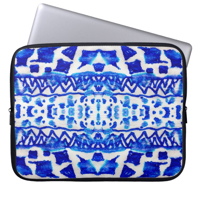 Blue watercolor tribal ethnic seamless pattern laptop sleeve (Front)