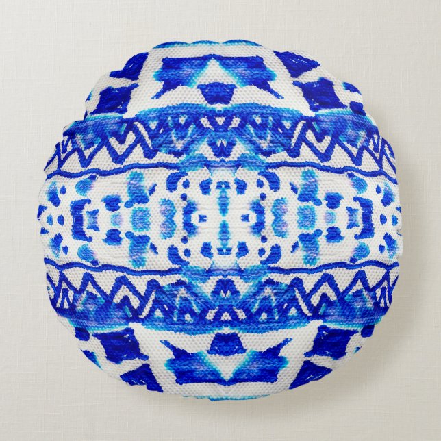 Blue watercolor tribal ethnic seamless pattern round cushion (Front)