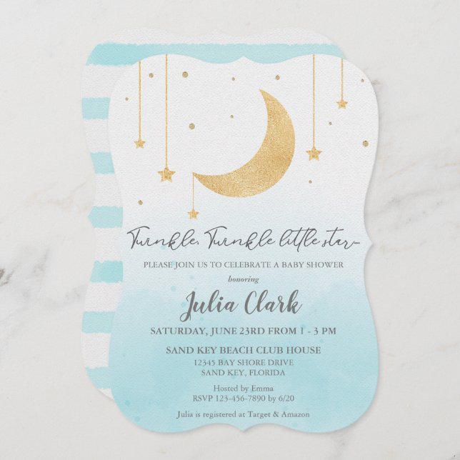 Blue Watercolor Twinkle Twinkle Little Star Shower Invitation (Front/Back)