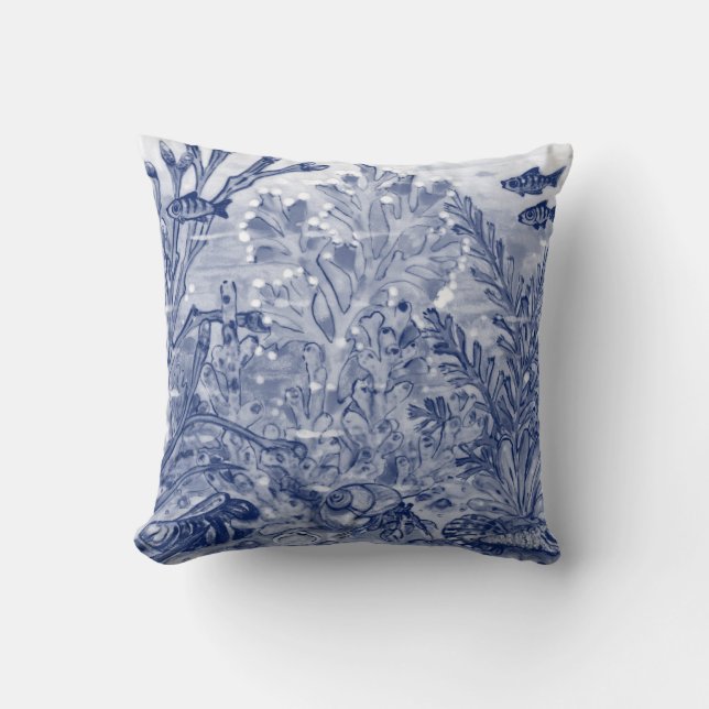 Blue Watercolor Under Sea Ocean Beach House Crab Cushion (Front)