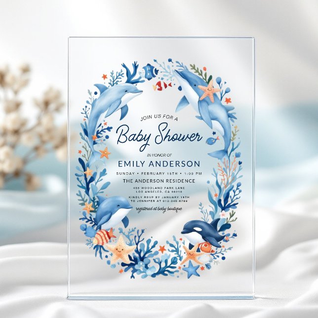 Blue Watercolor Under-the-Sea Baby Shower Acrylic Invitations (Creator Uploaded)