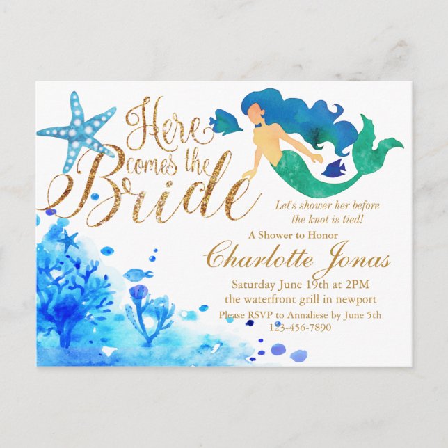 Blue watercolor undersea sweet mermaid golden text invitation postcard (Front)