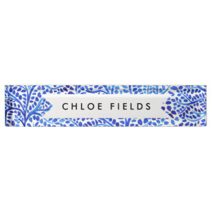 Blue watercolor vines classic painted leaves print nameplate