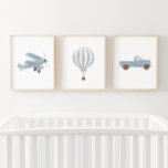 Blue Watercolor Vintage Travel Nursery Decor<br><div class="desc">Add a finishing touch to your little one's travel themed space with this set of three watercolor biplane,  hot air balloon,  and truck prints.</div>